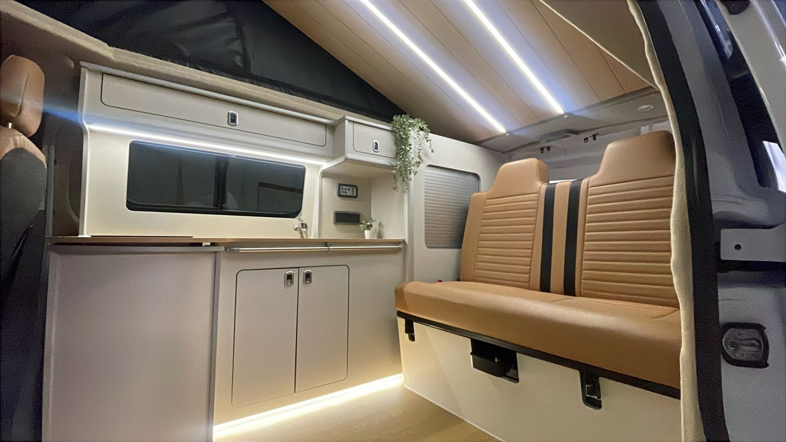LED-lit interior: Cream units with tan seating.